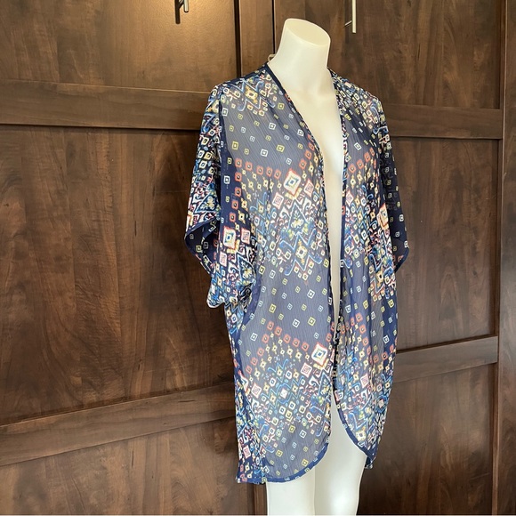 ANNIANNA Sheer Patterned Shawl/Kimono Top, Blue/Multi-colour, S - Picture 3 of 10